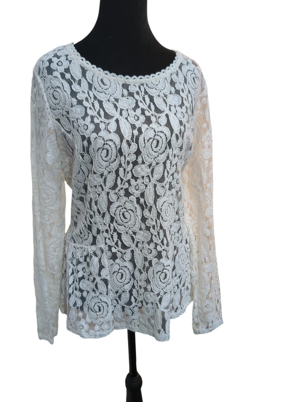 LC Ivory Floral Sheer Lace Peplum Blouse XL Romantic Long Sleeve Cottage